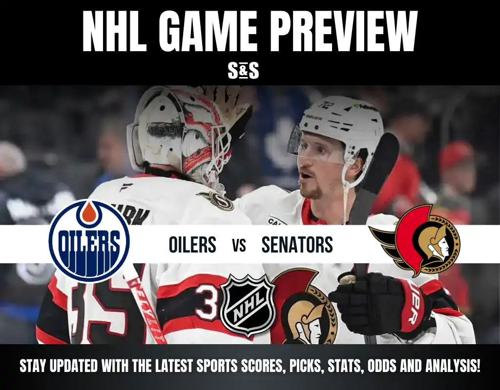 NHL Game Preview featuring Oilers vs Senators with images of players and a logo of the NHL.