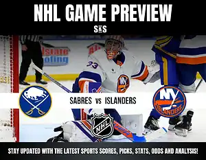 NHL game preview graphic featuring Sabres vs Islanders with a goalie in action and team logos.
