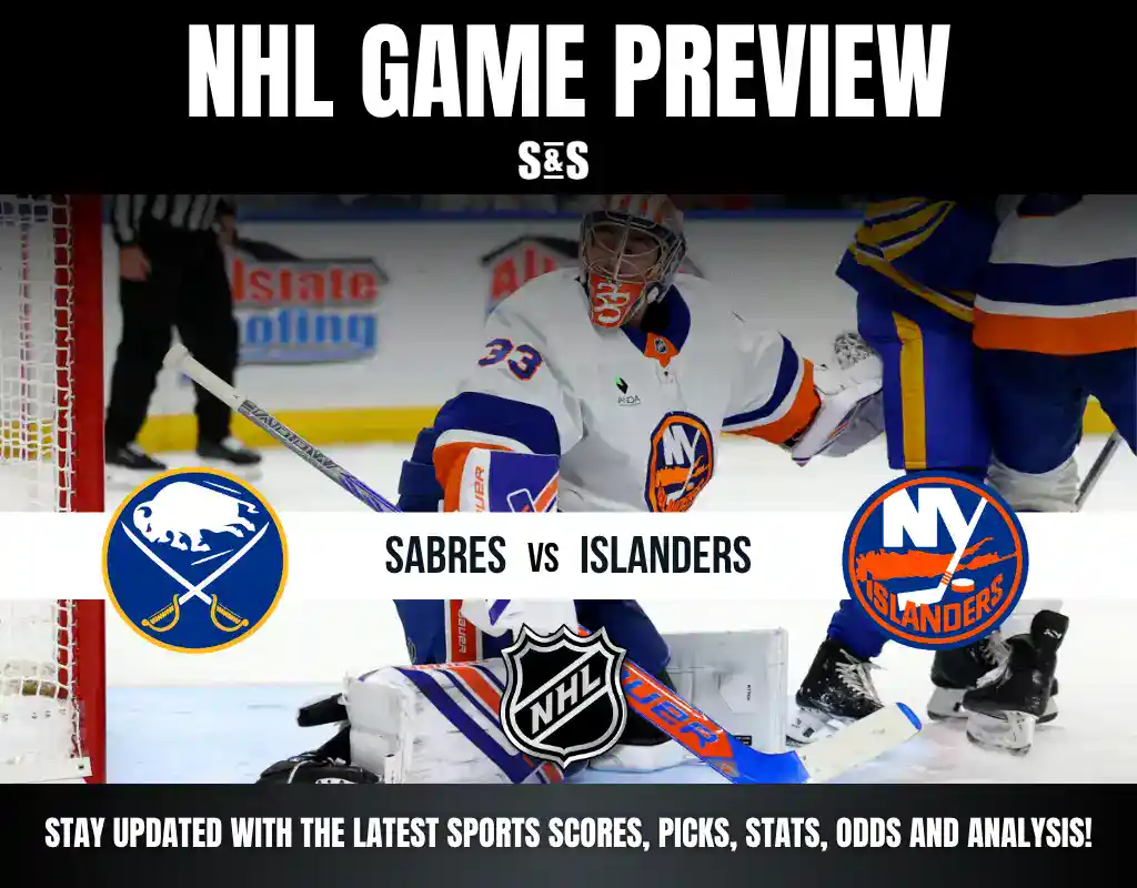 NHL game preview graphic featuring Sabres vs Islanders with a goalie in action and team logos.