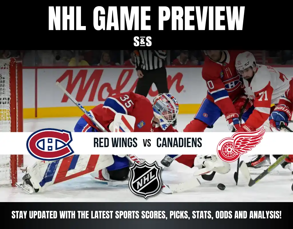 NHL Game Preview featuring Red Wings vs Canadiens, with a call to stay updated on the latest sports scores, picks, stats, odds, and analysis.