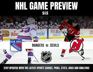 NHL game preview featuring New York Rangers vs New Jersey Devils with players in action on the ice and team logos displayed.
