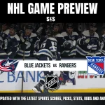 NHL game preview for the matchup between the Blue Jackets and Rangers, featuring team logos and a call to stay updated with the latest sports scores, picks, stats, odds, and analysis.