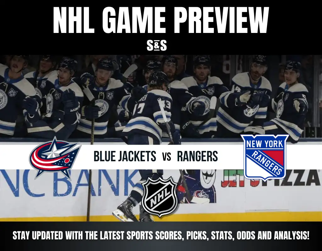 NHL game preview for the matchup between the Blue Jackets and Rangers, featuring team logos and a call to stay updated with the latest sports scores, picks, stats, odds, and analysis.