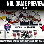 NHL Game Preview featuring the Florida Panthers vs. Ottawa Senators with text encouraging viewers to stay updated with sports scores, picks, stats, odds, and analysis.