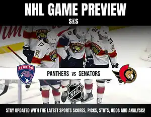 NHL Game Preview featuring the Florida Panthers vs. Ottawa Senators with text encouraging viewers to stay updated with sports scores, picks, stats, odds, and analysis.