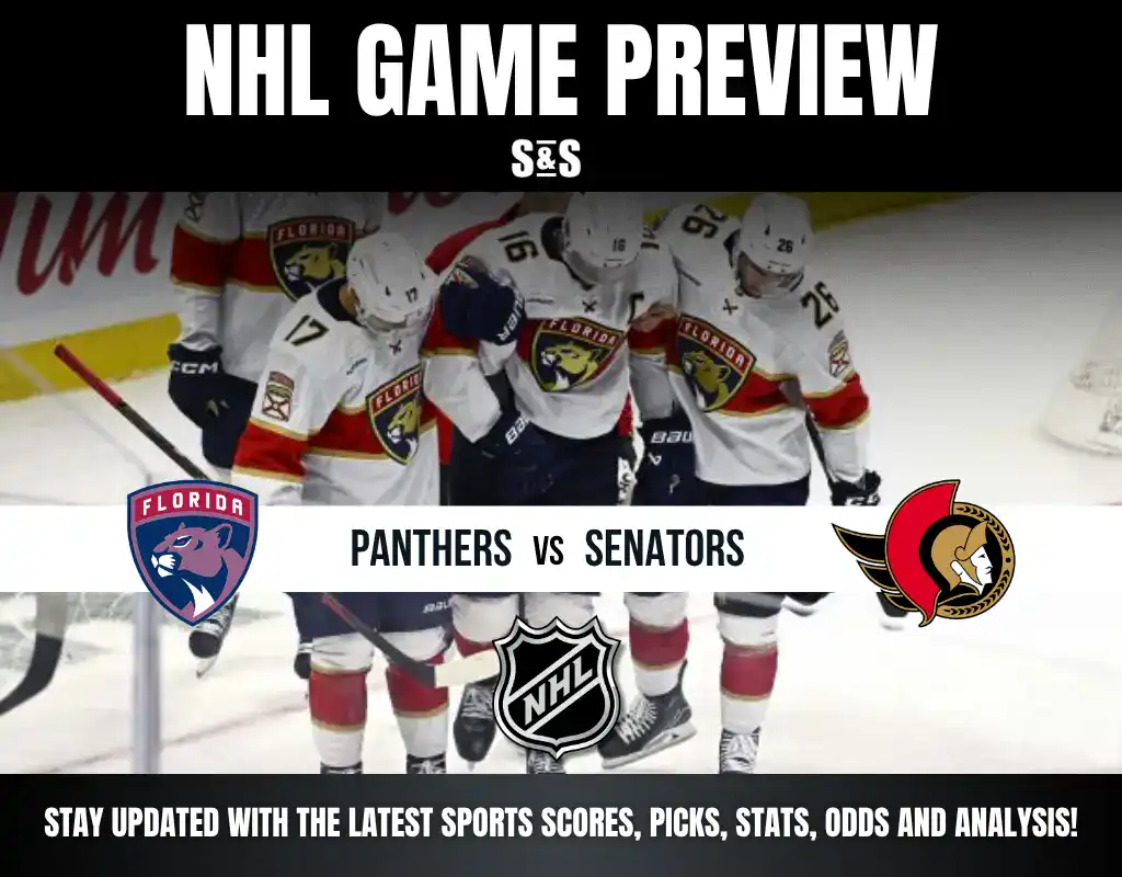 NHL Game Preview featuring the Florida Panthers vs. Ottawa Senators with text encouraging viewers to stay updated with sports scores, picks, stats, odds, and analysis.