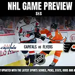 NHL Game Preview featuring Capitals vs Flyers. A player from the Washington Capitals is fighting for the puck against a Philadelphia Flyers player. Text at the bottom encourages viewers to stay updated with the latest sports scores, picks, stats, odds, and analysis.