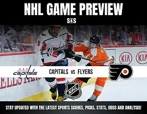 NHL Game Preview featuring Capitals vs Flyers. A player from the Washington Capitals is fighting for the puck against a Philadelphia Flyers player. Text at the bottom encourages viewers to stay updated with the latest sports scores, picks, stats, odds, and analysis.
