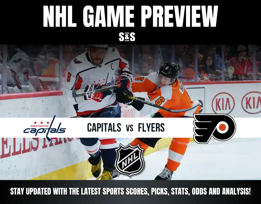 NHL Game Preview featuring Capitals vs Flyers. A player from the Washington Capitals is fighting for the puck against a Philadelphia Flyers player. Text at the bottom encourages viewers to stay updated with the latest sports scores, picks, stats, odds, and analysis.