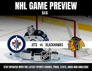 NHL Game Preview featuring the Winnipeg Jets vs Chicago Blackhawks, with an image of a goalie in action.