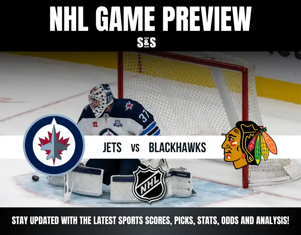 NHL Game Preview featuring the Winnipeg Jets vs Chicago Blackhawks, with an image of a goalie in action.