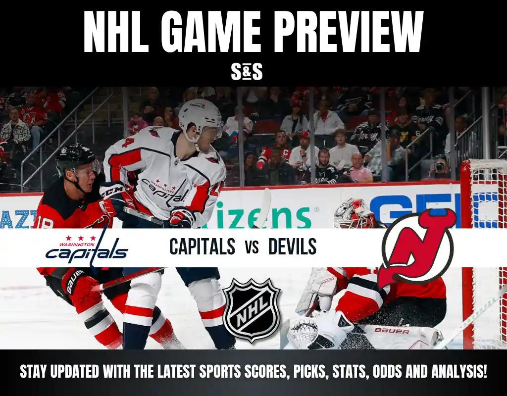 NHL Game Preview featuring a matchup between the Washington Capitals and the New Jersey Devils, with text indicating to stay updated with the latest sports scores, picks, stats, odds, and analysis.