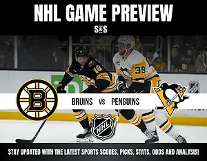 NHL Game Preview featuring Bruins vs Penguins, with the logos of both teams and a call to stay updated with the latest sports scores, picks, stats, odds, and analysis.