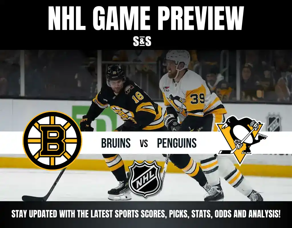 NHL Game Preview featuring Bruins vs Penguins, with the logos of both teams and a call to stay updated with the latest sports scores, picks, stats, odds, and analysis.