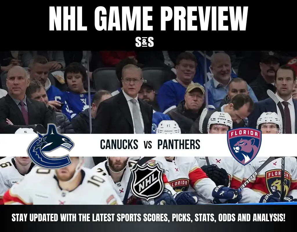NHL Game Preview featuring the teams Canucks vs Panthers with a background of hockey players and coaches.