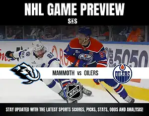 NHL game preview graphic showing Mammoth vs Oilers with players in action on the ice and team logos, plus NHL and S&S branding.