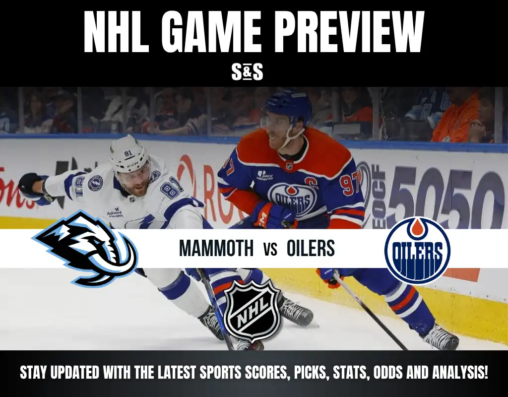 NHL game preview graphic showing Mammoth vs Oilers with players in action on the ice and team logos, plus NHL and S&S branding.