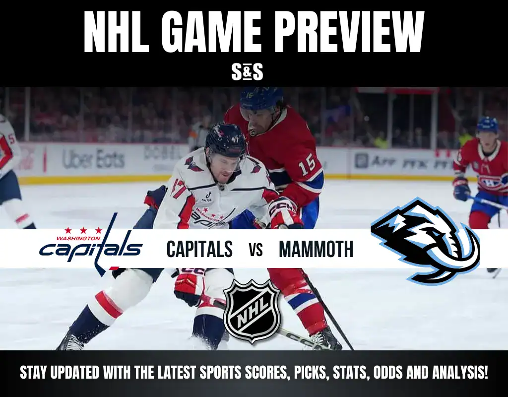 NHL game preview featuring the Capitals vs. Mammoth, with players in action on the ice.