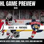 NHL Game Preview graphic featuring New Jersey Devils vs. Florida Panthers, with images of players from both teams.