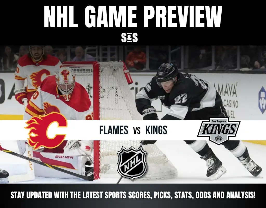 NHL game preview featuring Calgary Flames goalie and player vs. Los Angeles Kings player near the goal.