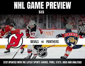 NHL Game Preview graphic featuring New Jersey Devils vs. Florida Panthers, with images of players from both teams.