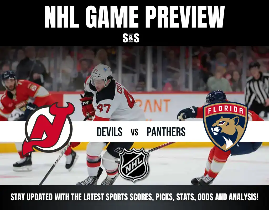 NHL Game Preview graphic featuring New Jersey Devils vs. Florida Panthers, with images of players from both teams.