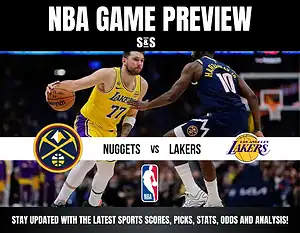 NBA Game Preview featuring the Nuggets vs. Lakers, with a player from the Lakers dribbling the basketball while another player from the Nuggets defends. The NBA logo is displayed, alongside text inviting updates on scores, picks, stats, and analysis.