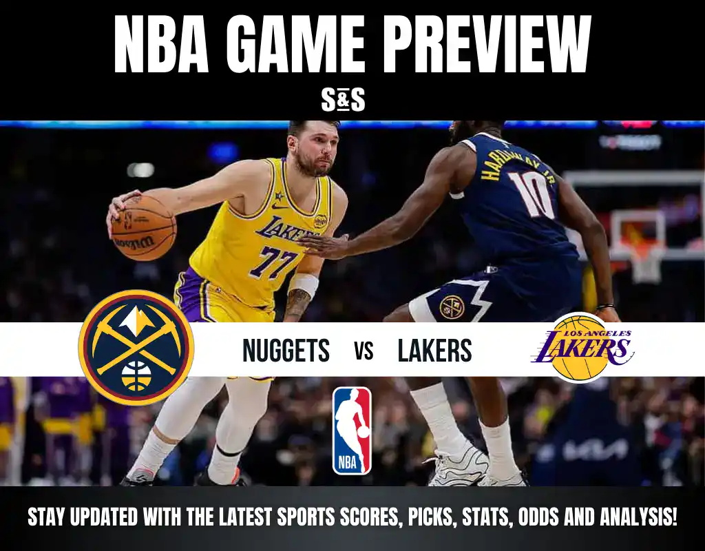 NBA Game Preview featuring the Nuggets vs. Lakers, with a player from the Lakers dribbling the basketball while another player from the Nuggets defends. The NBA logo is displayed, alongside text inviting updates on scores, picks, stats, and analysis.