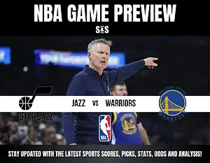 NBA game preview image featuring a coach pointing, logos of Utah Jazz and Golden State Warriors, and text promoting game analysis and updates.
