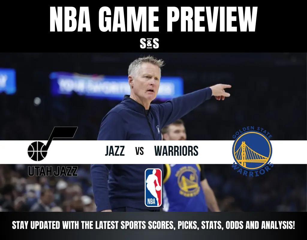 NBA game preview image featuring a coach pointing, logos of Utah Jazz and Golden State Warriors, and text promoting game analysis and updates.
