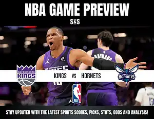 NBA game preview featuring the Sacramento Kings vs. Charlotte Hornets, showcasing player action and team logos.