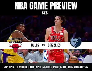 NBA game preview graphic featuring Chicago Bulls versus Memphis Grizzlies with players in action on court.
