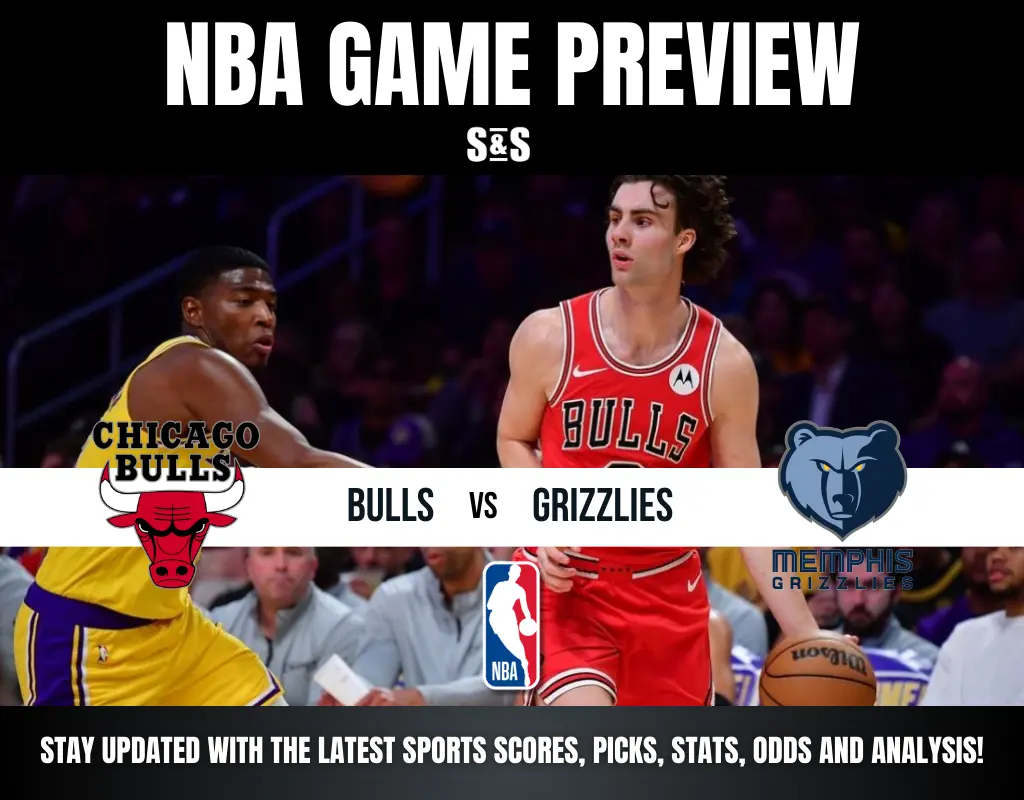 NBA game preview graphic featuring Chicago Bulls versus Memphis Grizzlies with players in action on court.