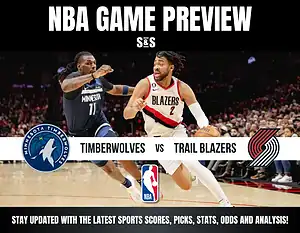 NBA game preview graphic showing Timberwolves vs Trail Blazers with players in action and team logos against a court background.
