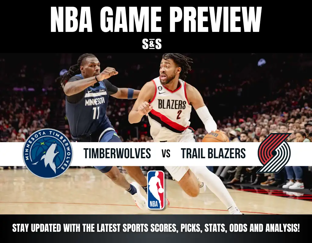 NBA game preview graphic showing Timberwolves vs Trail Blazers with players in action and team logos against a court background.
