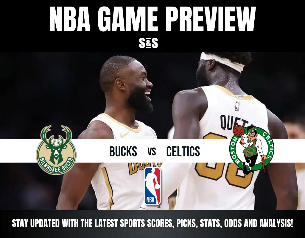 NBA Game Preview featuring the Milwaukee Bucks vs. Boston Celtics, highlighting team logos and inviting updates on scores and stats.