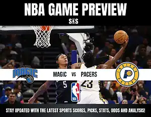 NBA game preview featuring Orlando Magic vs Indiana Pacers with action shot of players near the basket and team logos.