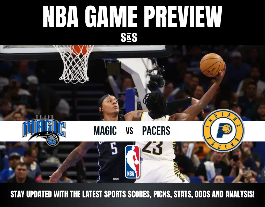 NBA game preview featuring Orlando Magic vs Indiana Pacers with action shot of players near the basket and team logos.