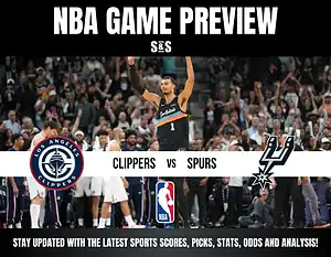 NBA game preview graphic showing Los Angeles Clippers vs San Antonio Spurs with crowd and player in black jersey celebrating on court.