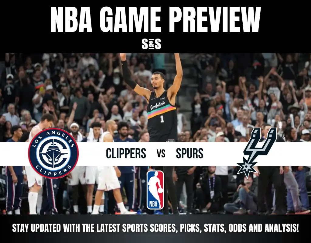 NBA game preview graphic showing Los Angeles Clippers vs San Antonio Spurs with crowd and player in black jersey celebrating on court.