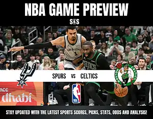 NBA game preview featuring the Spurs vs. Celtics, with players in action and fans in the background. Stay updated with scores and stats!