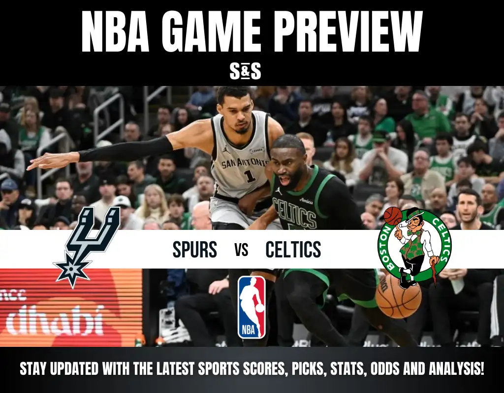 NBA game preview featuring the Spurs vs. Celtics, with players in action and fans in the background. Stay updated with scores and stats!