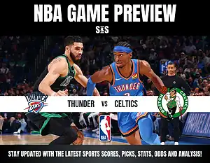 NBA game preview showing a Thunder player dribbling past a Celtics defender. Thunder and Celtics logos are featured with game details and analysis prompt.