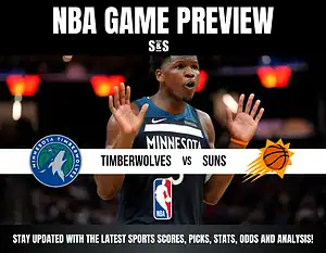NBA game preview for the Minnesota Timberwolves vs Phoenix Suns with player in Timberwolves jersey raising hands.