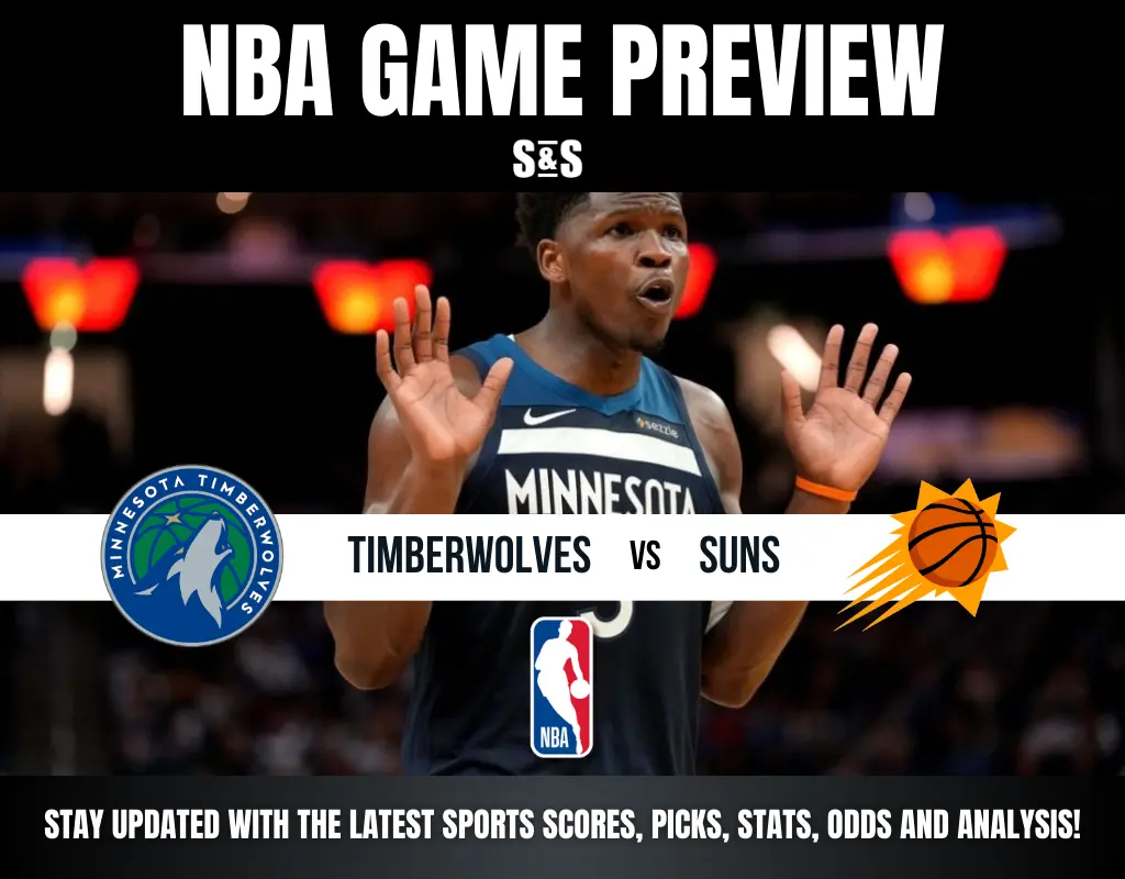 NBA game preview for the Minnesota Timberwolves vs Phoenix Suns with player in Timberwolves jersey raising hands.