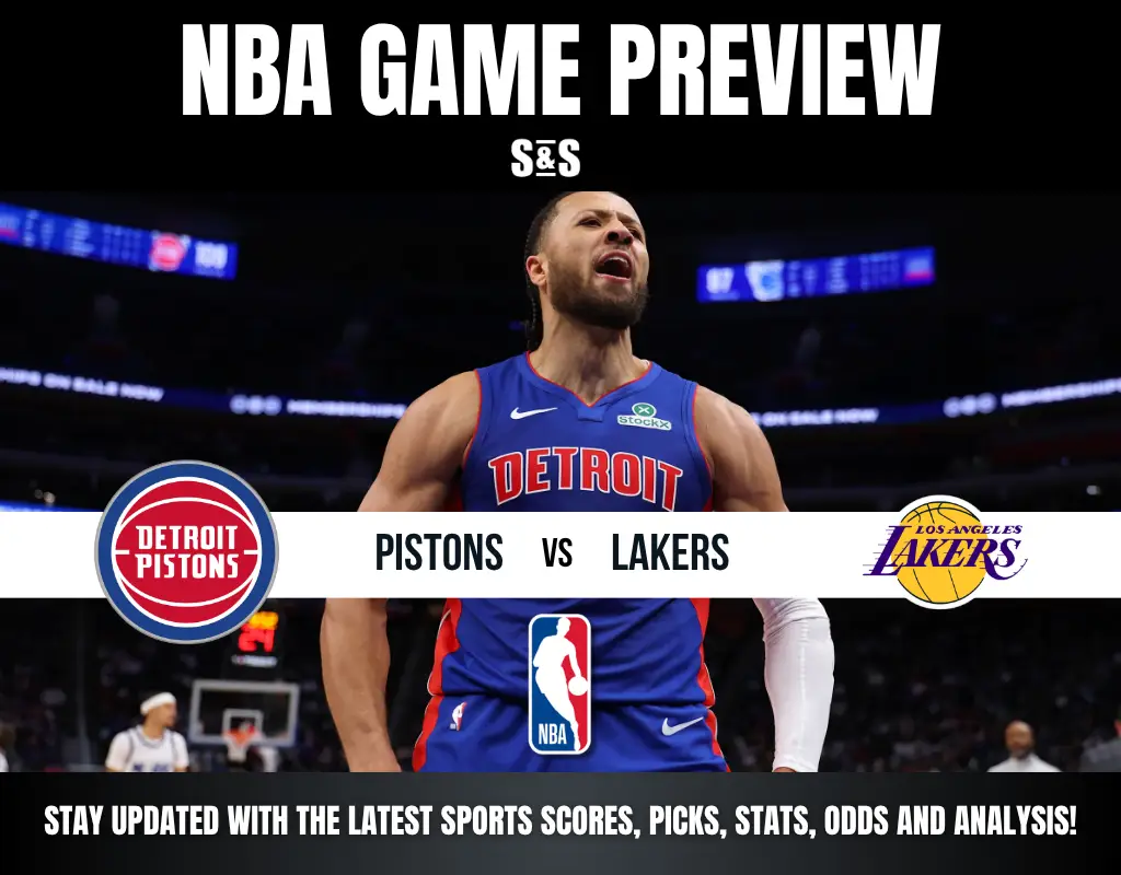 NBA game preview graphic featuring Detroit Pistons vs Los Angeles Lakers with a blurred Pistons player in the background.