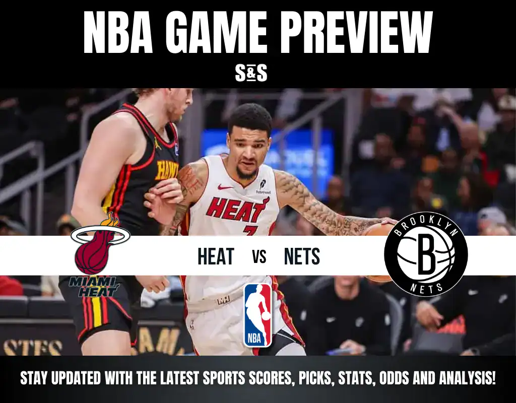 NBA game preview featuring Miami Heat vs. Brooklyn Nets, showcasing players in action on the court.