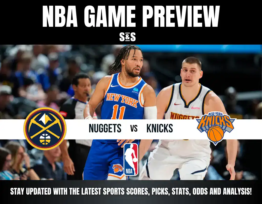 NBA Game Preview featuring players from the New York Knicks and Denver Nuggets. The matchup is displayed with team logos and stats.
