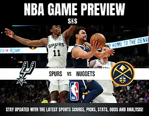 NBA game preview image featuring Spurs vs. Nuggets. Players compete for the ball mid-air, with team logos and banners emphasizing game intensity.