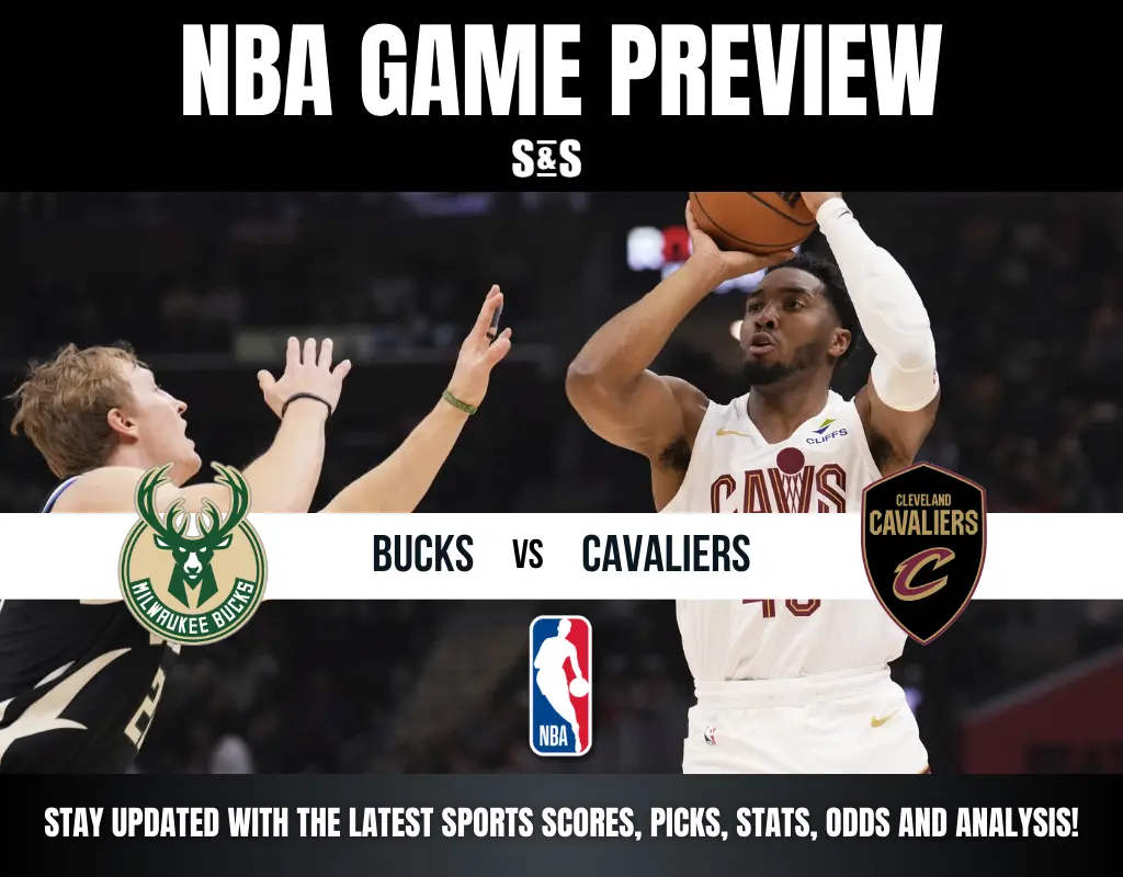NBA game preview graphic featuring Milwaukee Bucks vs Cleveland Cavaliers with players in action and team logos.